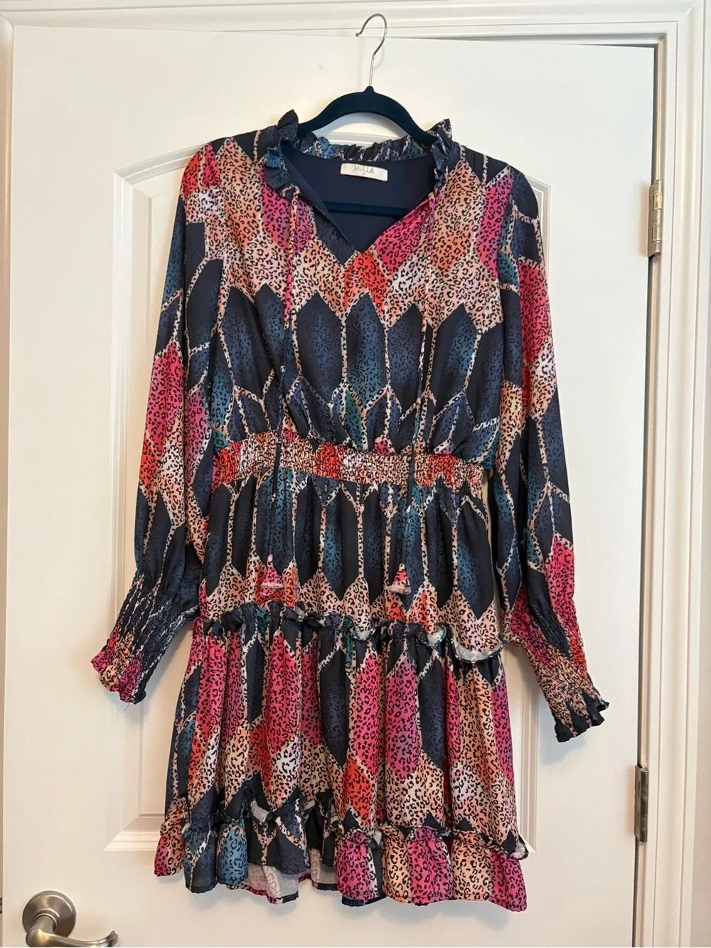 Smocked Waist Long-Sleeve Tiered Dress in Navy Multi